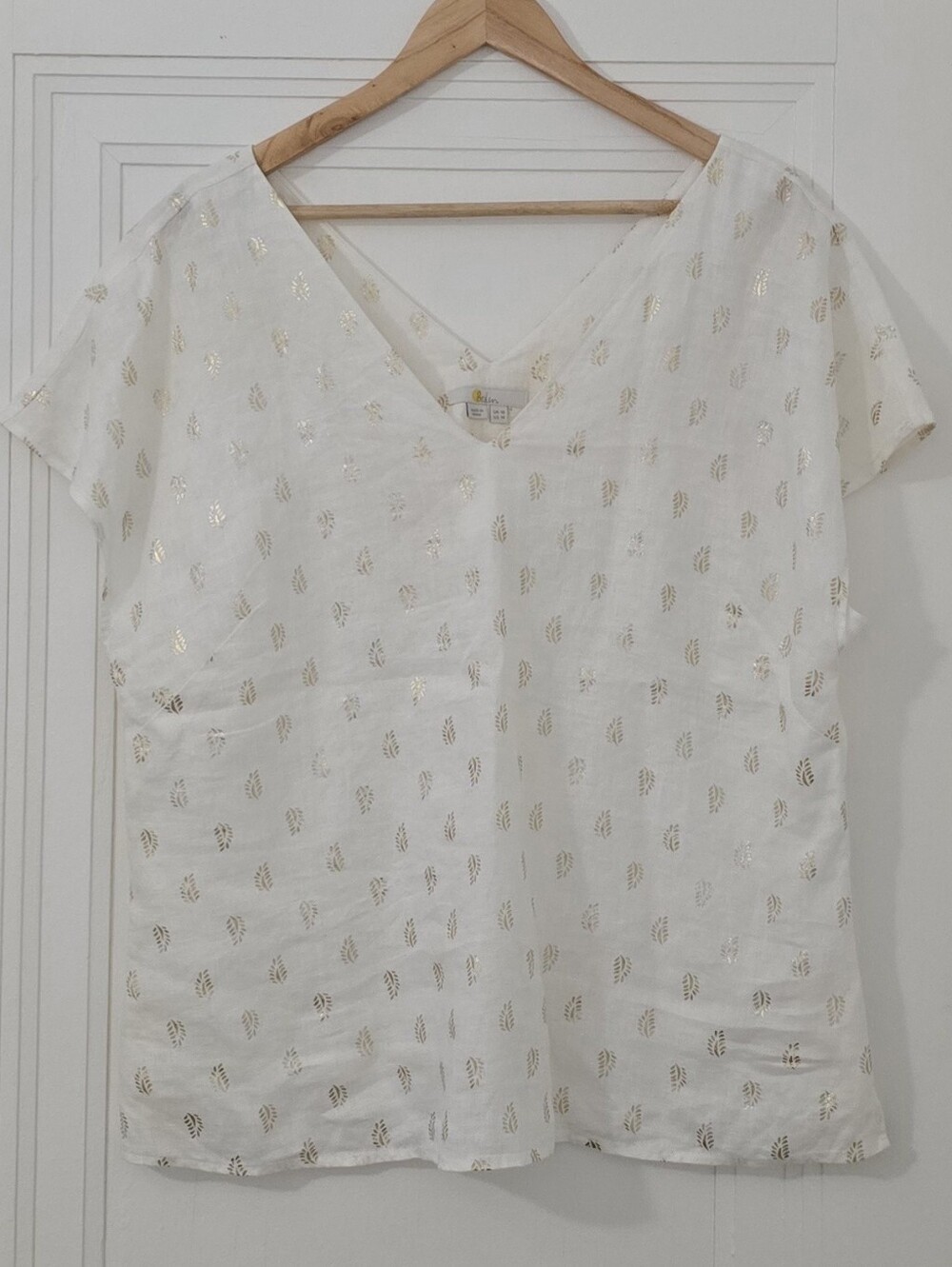 Boden White V-Neck Short Sleeve Top with Gold Foil Detail 100% Linen Size 14,Euc